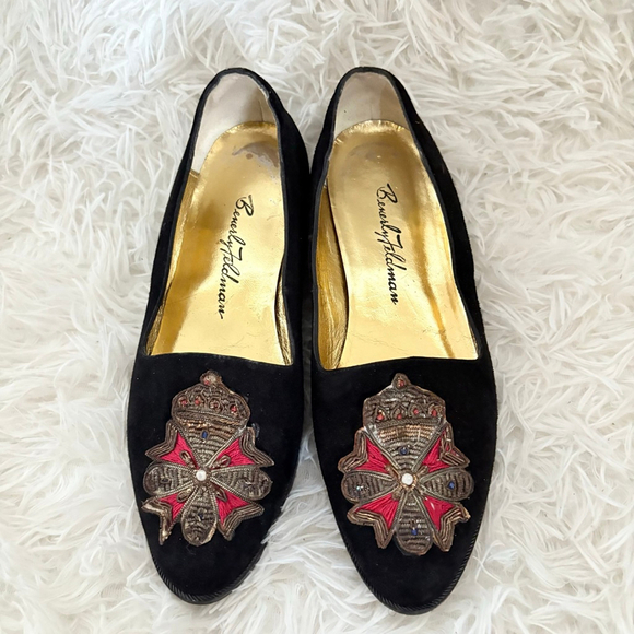 Vintage Beverly Feldman Black Red Embellished Flats Loafers Size 5.5